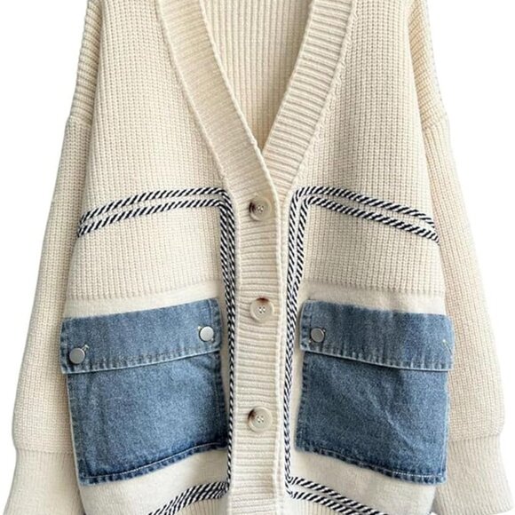 Cozy Denim Pockets Color Block Button Down Cardigan - Picture 5 of 10